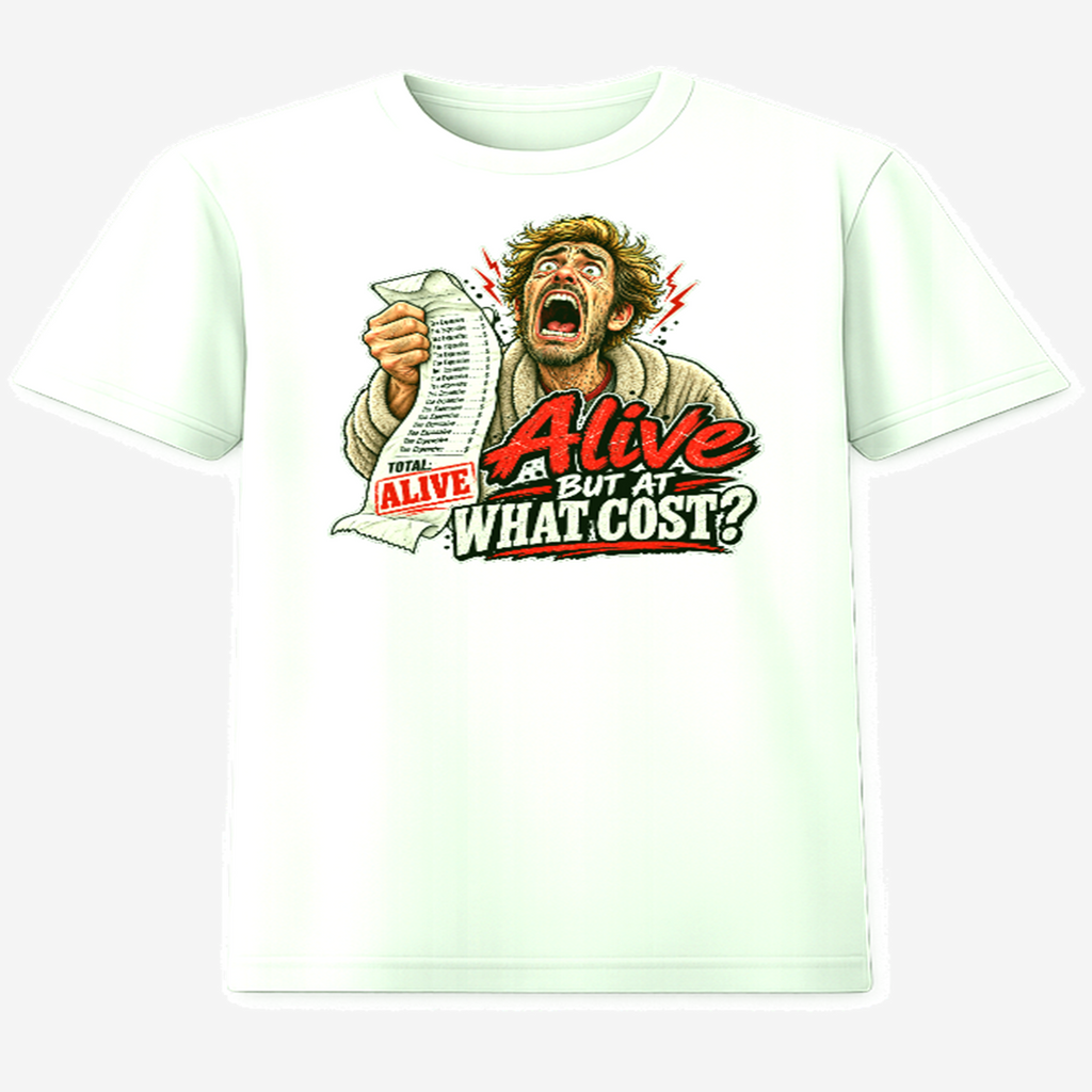 Alive But At What Cost funny graphic t-shirt on white tee