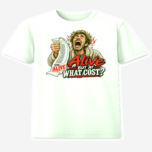 Alive But At What Cost funny graphic t-shirt on white tee