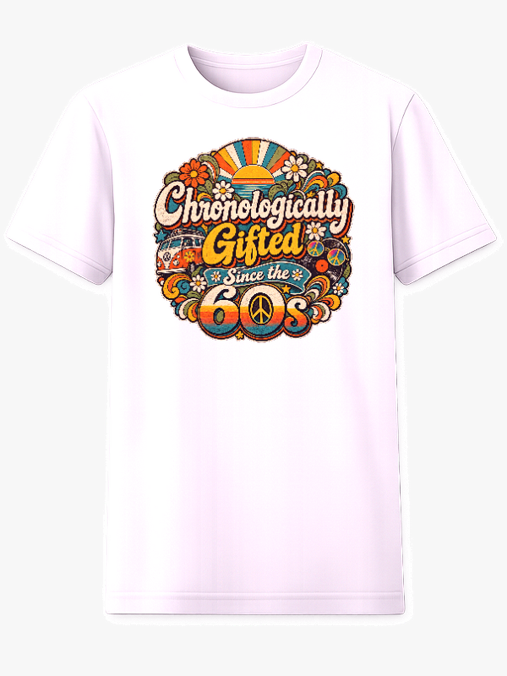 Chronologically Gifted Since the 60s retro graphic tee on white shirt