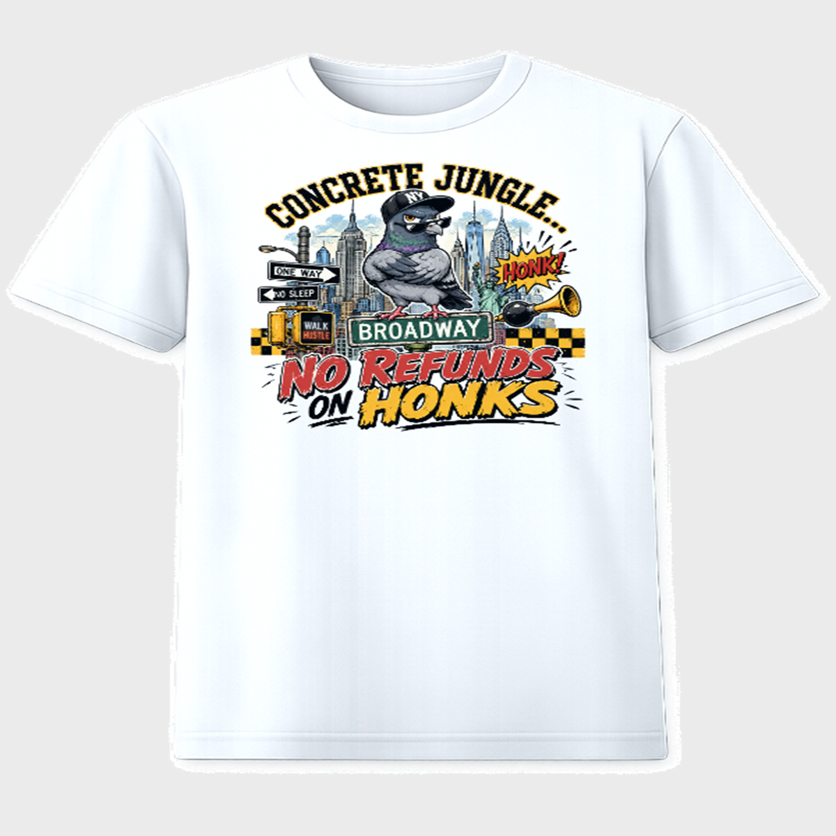 Concrete Jungle No Refunds on Honks NYC funny graphic t-shirt