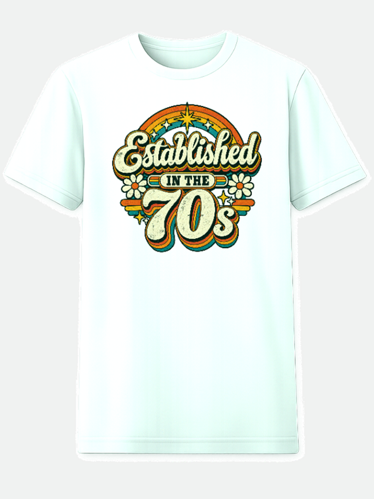 Established in the 70s retro graphic tee on white shirt