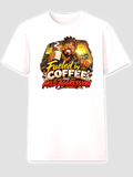 White T-shirt with a coffee-drinking driver and the words Fueled by Coffee and Mild Aggression