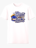 Grease My Scalp & Mind My Business graphic tee on white shirt