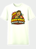 White T-shirt with a cartoon driver and the words Horn Works Patience Doesn't