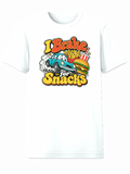 White T-shirt with a cartoon car and fast food beside the words I Brake for Snacks