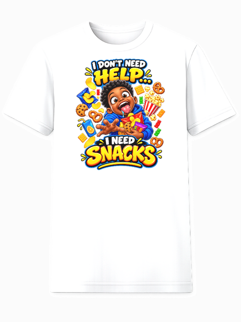 I Don't Need Help I Need Snacks kids graphic tee Black boy surrounded by snacks