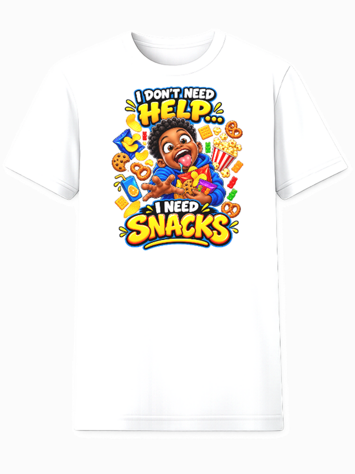 I Don't Need Help I Need Snacks kids graphic tee Black boy surrounded by snacks