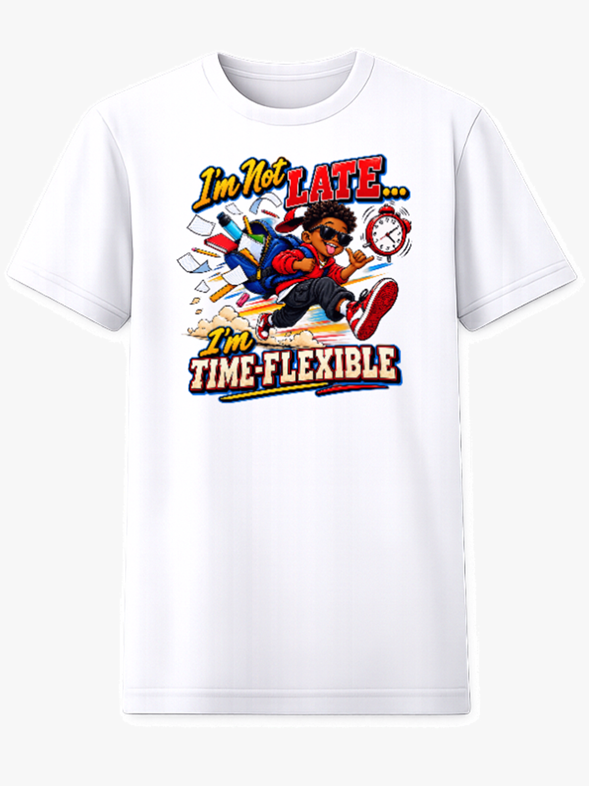 I'm Not Late I'm Time-Flexible kids school humor graphic tee Black boy sprinting