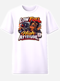 White T-shirt with a stylish driver beside a low fuel gauge and the words Low Fuel High Attitude
