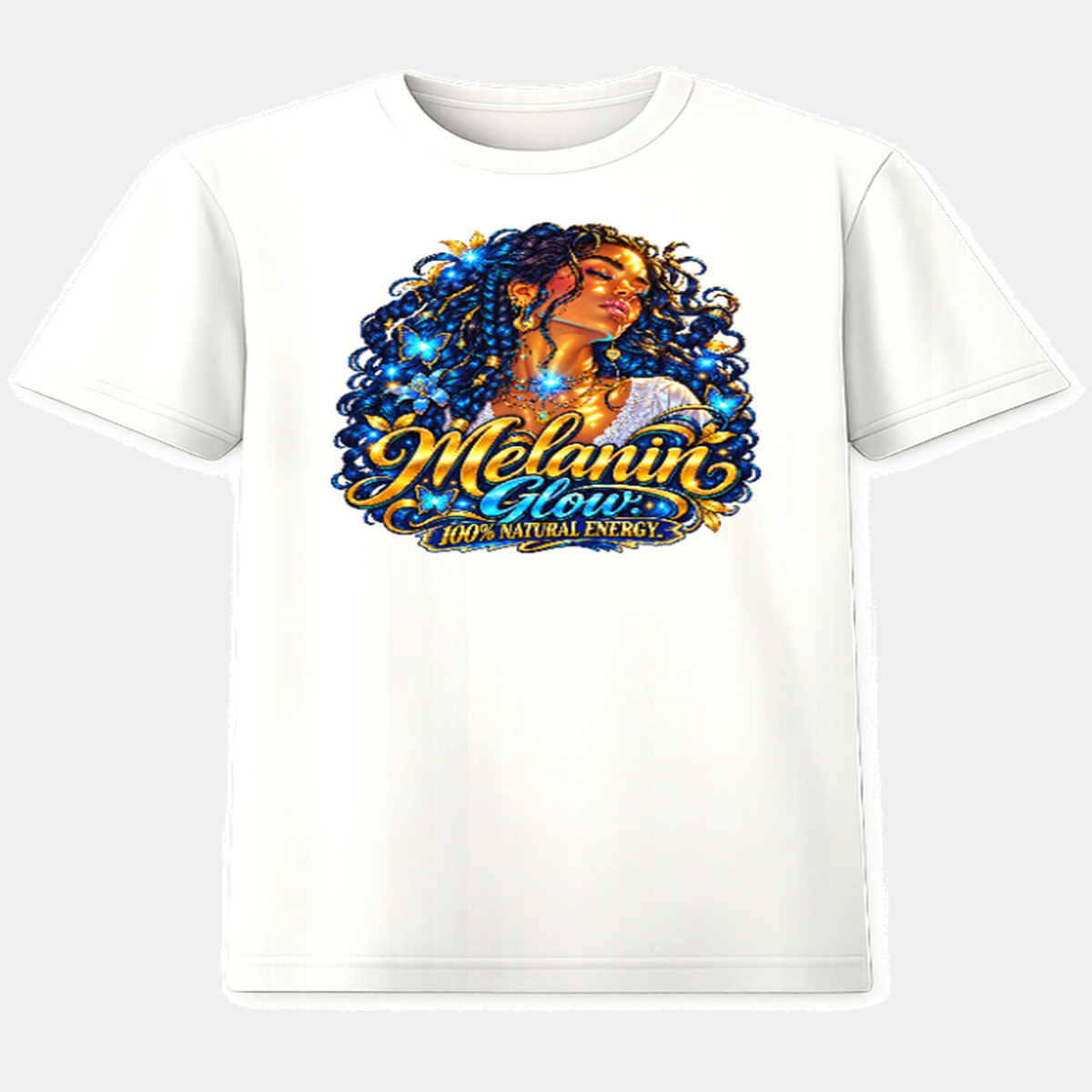 Melanin Glow 100% Natural Energy graphic t-shirt on white tee