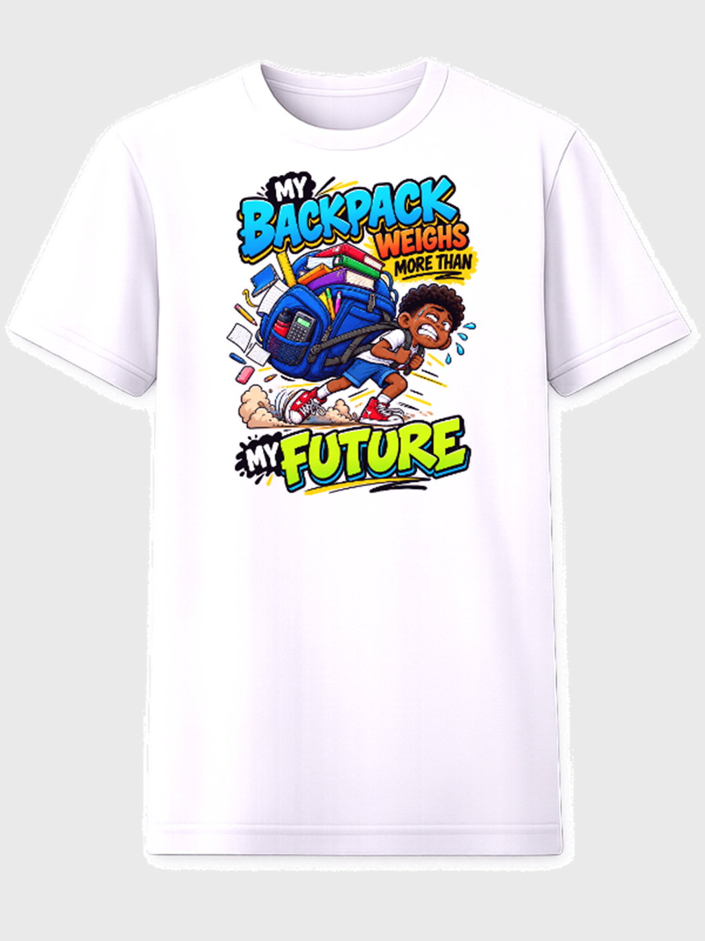 My Backpack Weighs More Than My Future kids school humor graphic tee Black boy crushed by backpack
