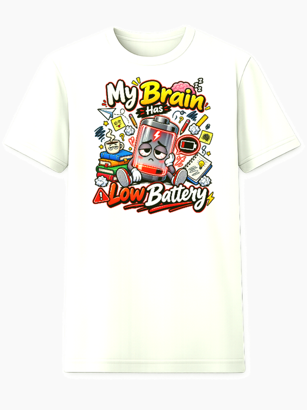 My Brain Has Low Battery kids school humor graphic tee exhausted battery cartoon
