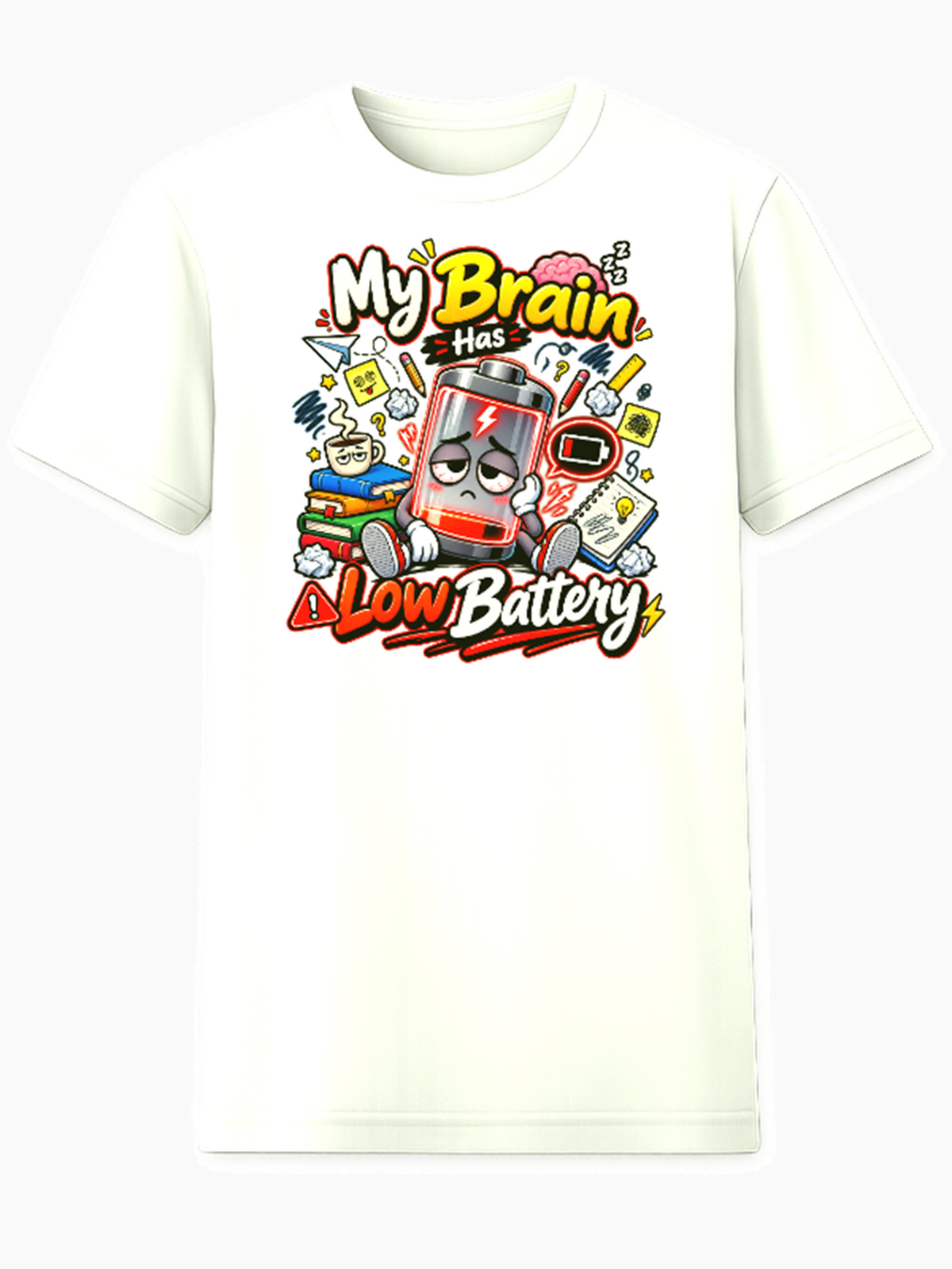 My Brain Has Low Battery kids school humor graphic tee exhausted battery cartoon