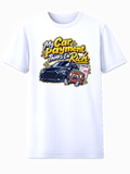 White T-shirt with a luxury car and a worried driver beside a car payment bill