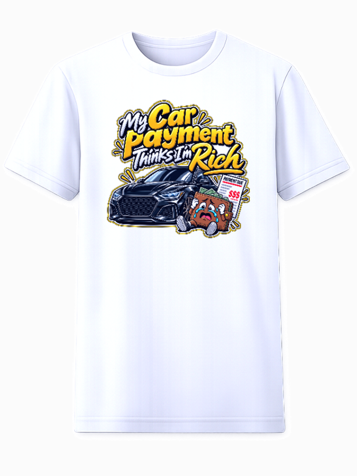 White T-shirt with a luxury car and a worried driver beside a car payment bill
