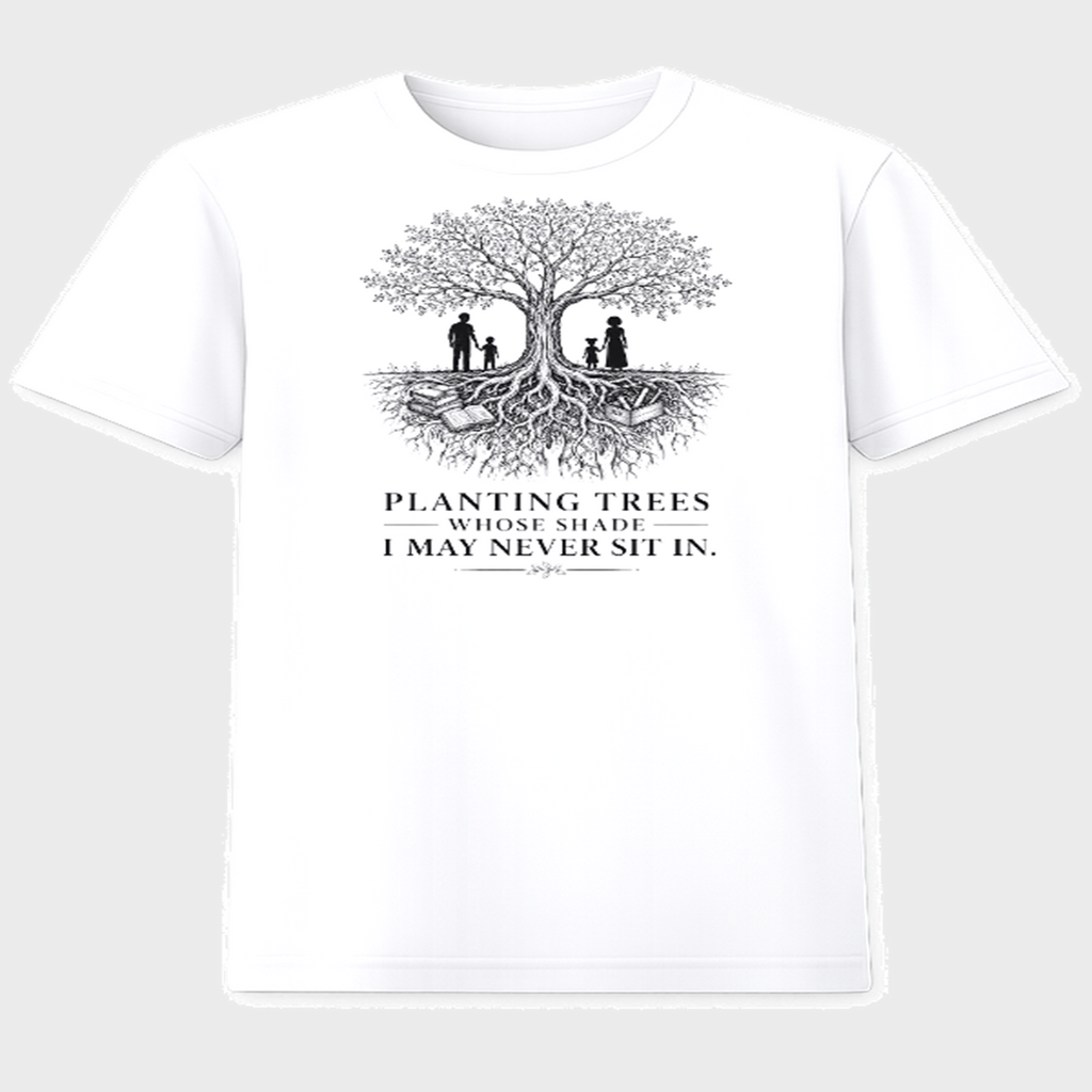 Planting Trees Whose Shade I May Never Sit In graphic t-shirt on white tee