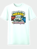 White T-shirt with a small car between traffic and the words Please Let Me Merge I'm Fragile