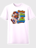 Running on Juice Boxes and Bad Decisions Classic Edition kids graphic tee white boy running