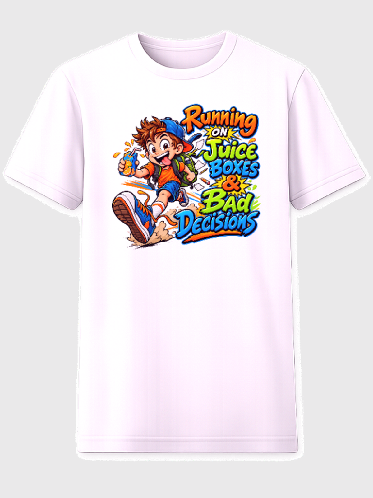 Running on Juice Boxes and Bad Decisions Classic Edition kids graphic tee white boy running