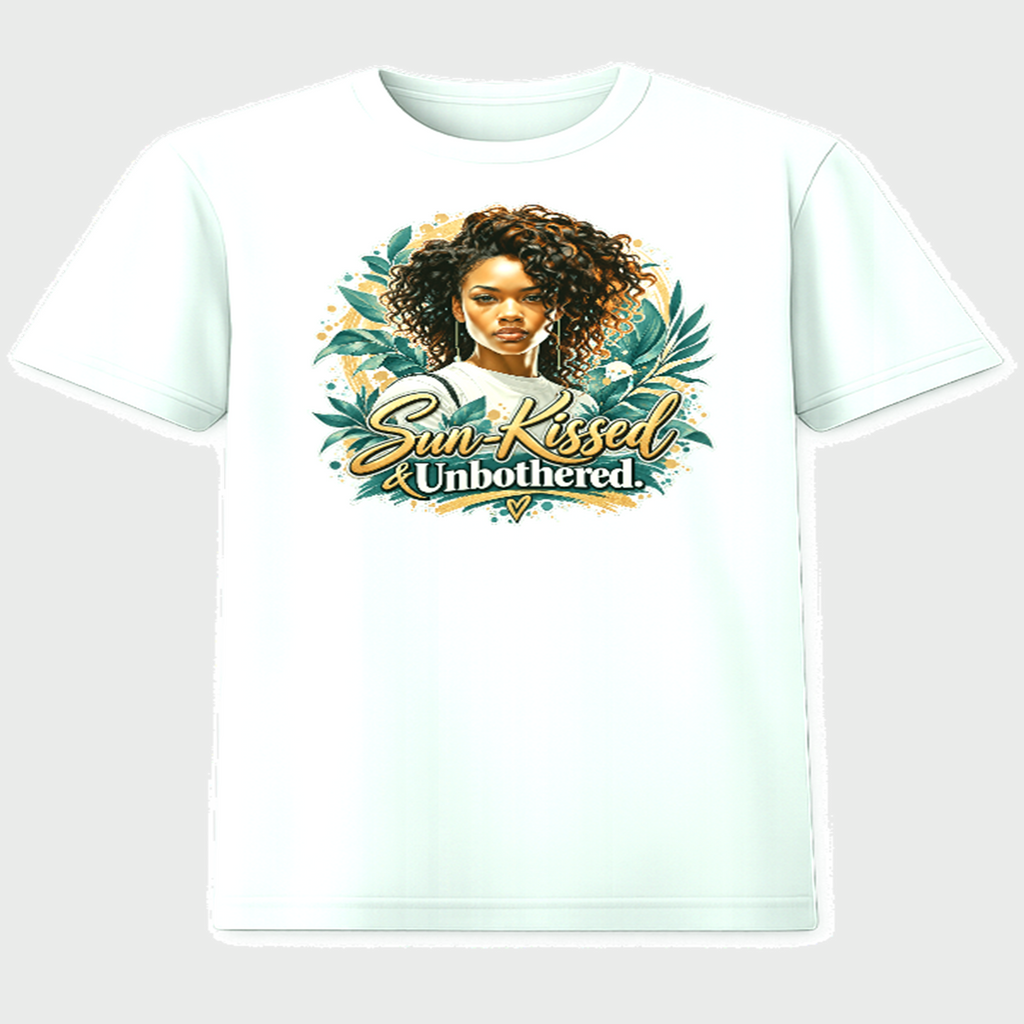 Sun-Kissed and Unbothered graphic t-shirt on white tee