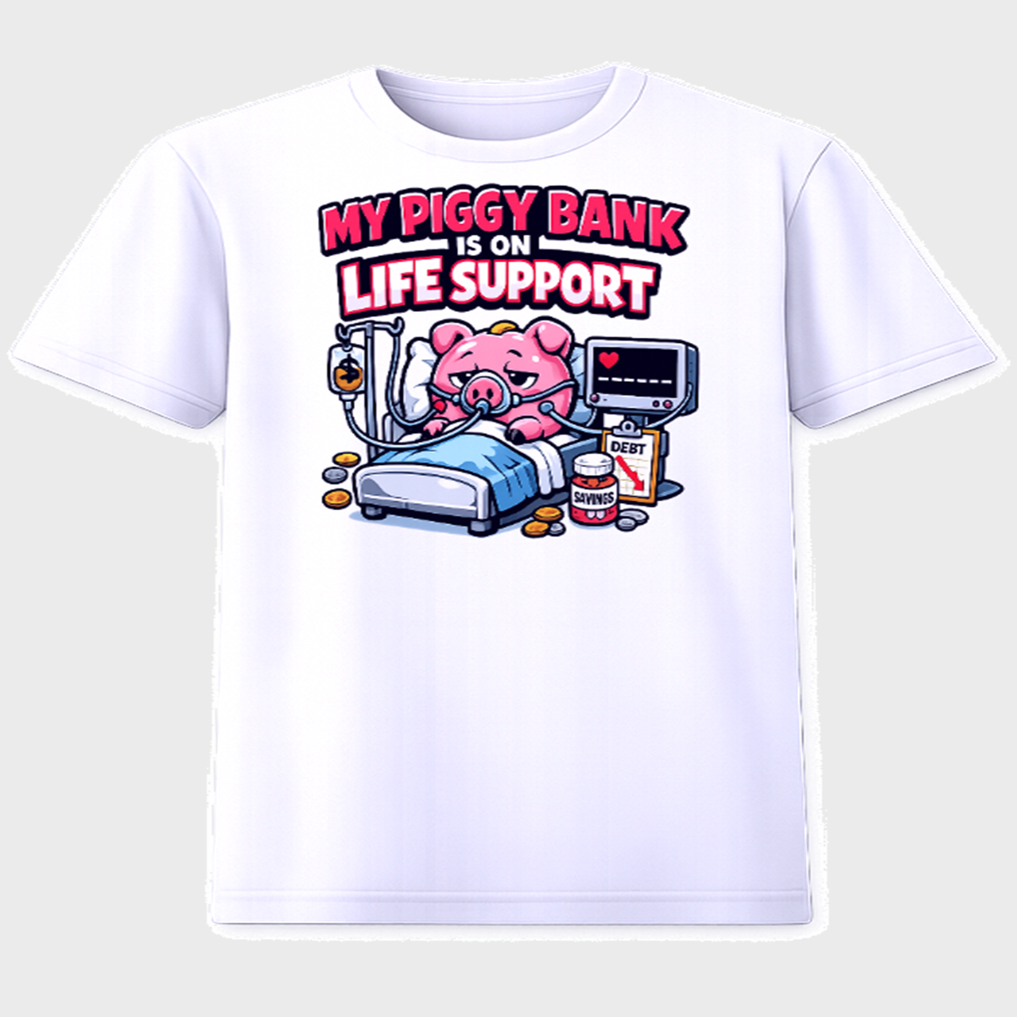 My Piggy Bank is on Life Support white graphic t-shirt front view