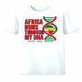 Africa Runs Through My DNA white graphic t-shirt with Pan-African DNA helix design
