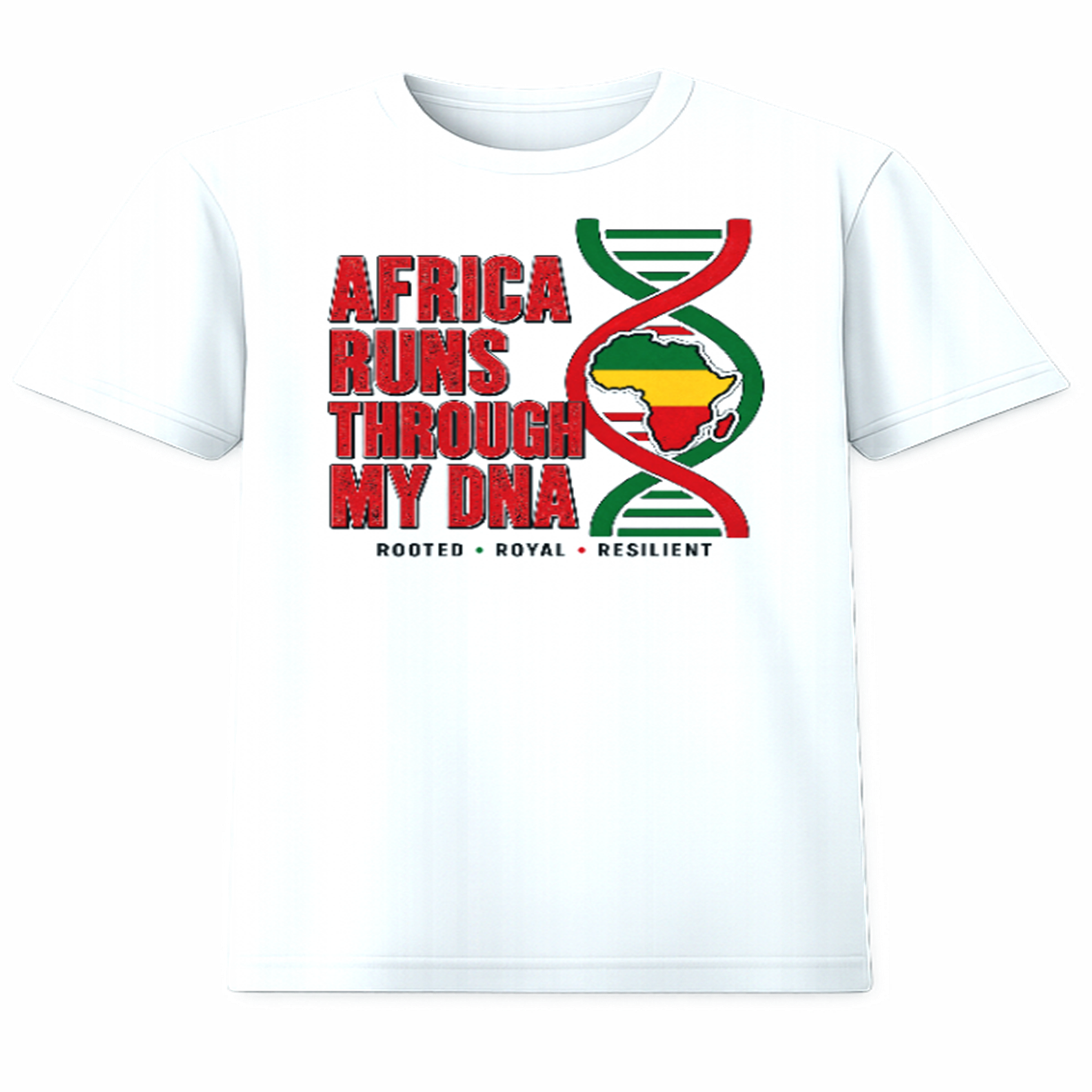 Africa Runs Through My DNA white graphic t-shirt with Pan-African DNA helix design