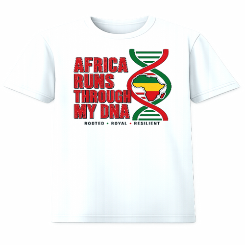 Africa Runs Through My DNA white graphic t-shirt with Pan-African DNA helix design