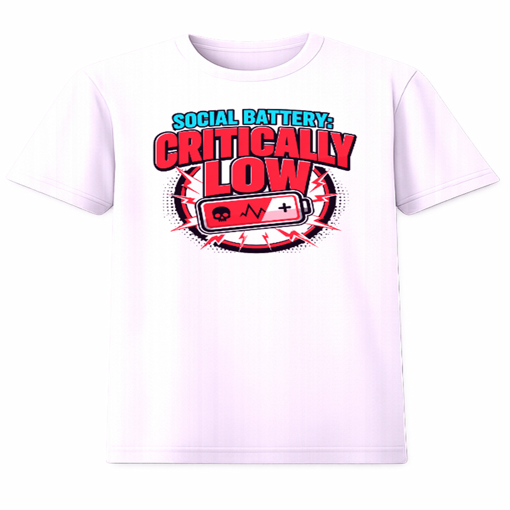 Social Battery Critically Low funny graphic tee with retro battery design