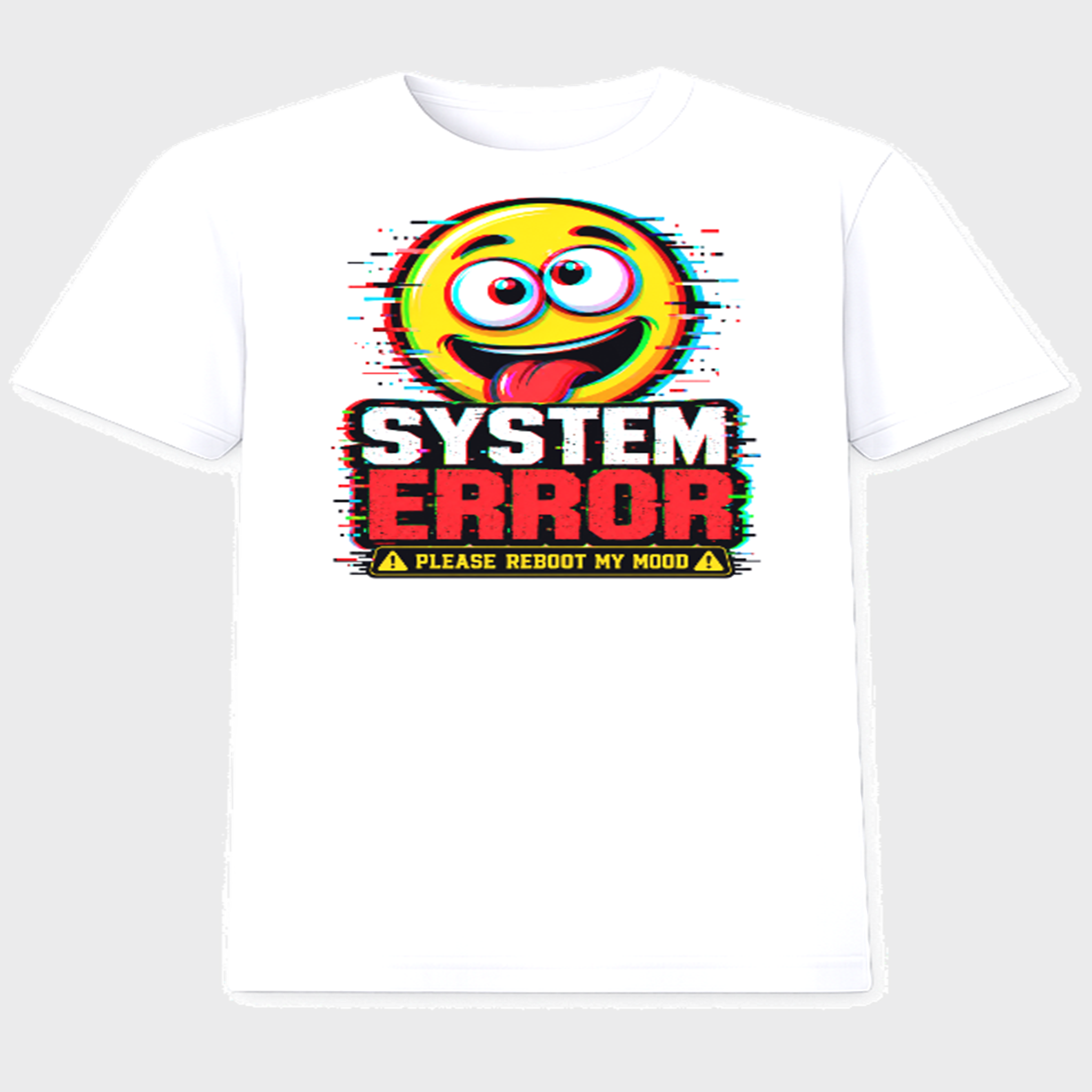 System Error Please Reboot My Mood white graphic t-shirt front view with glitch emoji design
