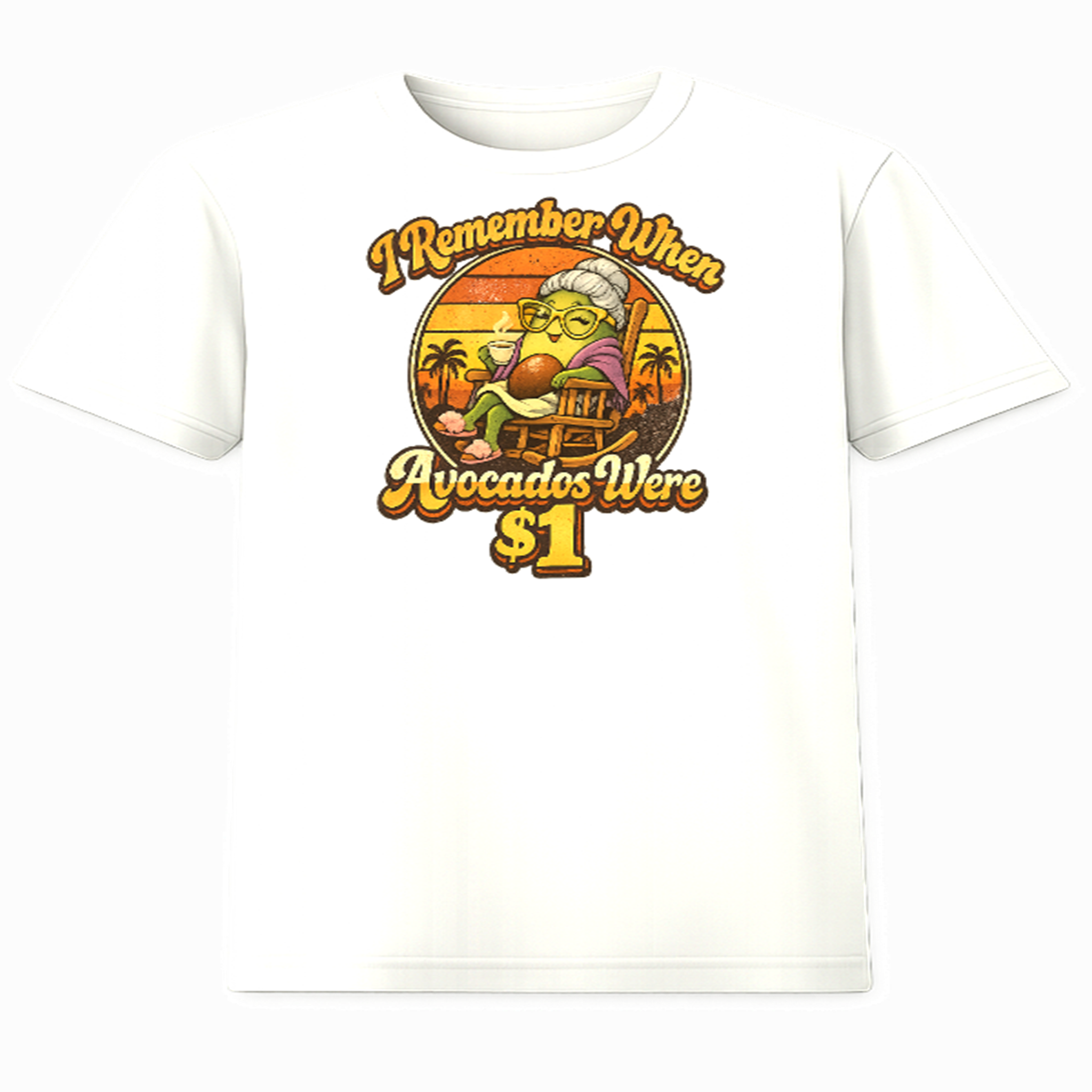 I Remember When Avocados Were $1 white graphic t-shirt with retro grandma avocado sunset design