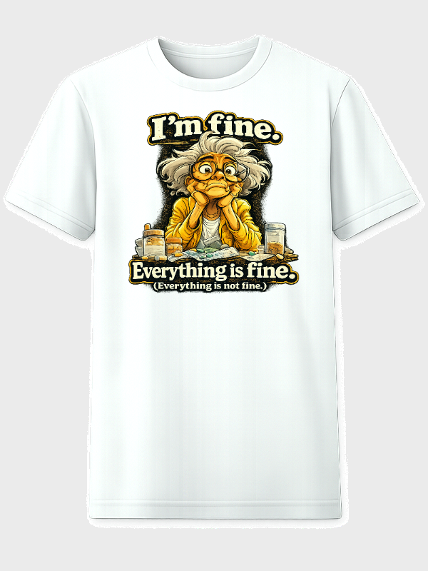 I'm Fine Everything is Fine white graphic t-shirt front view