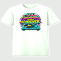 Still Spinning Since Forever white graphic t-shirt with colorful graffiti turntable design