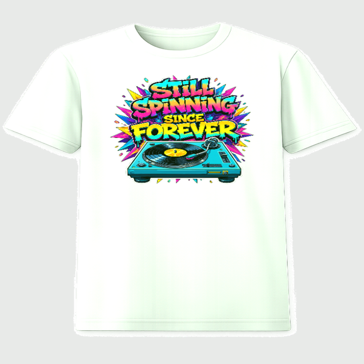 Still Spinning Since Forever white graphic t-shirt with colorful graffiti turntable design