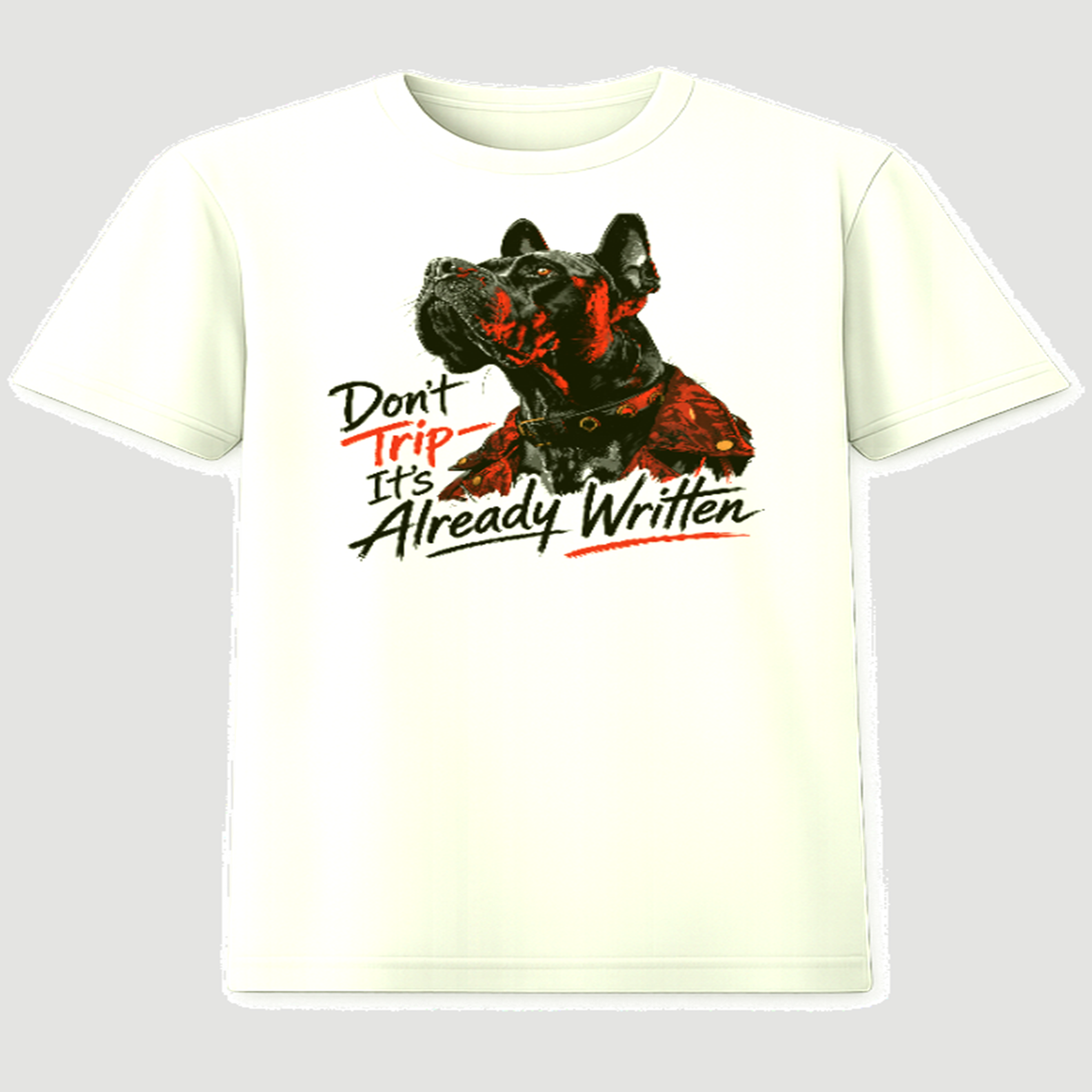 Don't Trip It's Already Written cream graphic t-shirt with French Bulldog portrait design