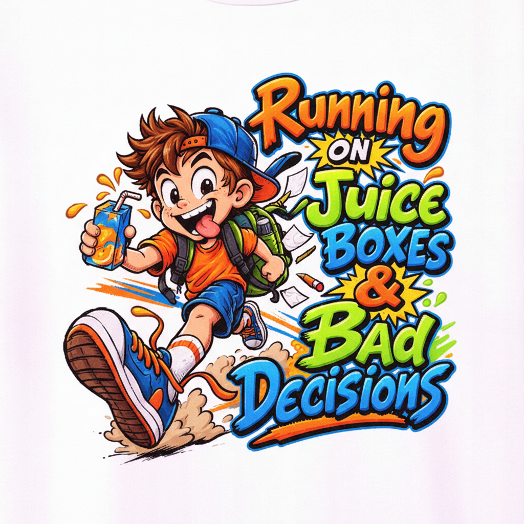 Close-up of Running on Juice Boxes and Bad Decisions boy graphic tee design with wild cartoon boy running