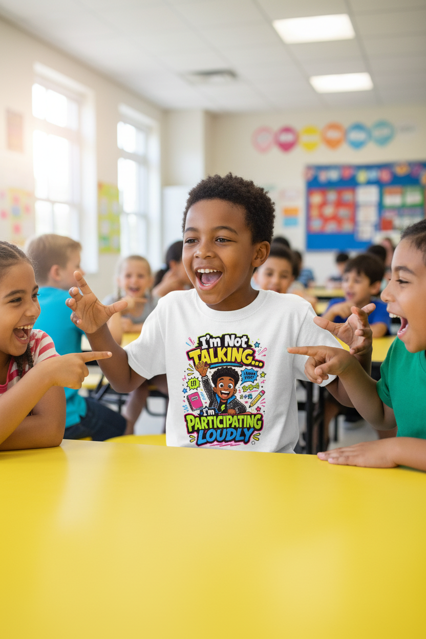 Energetic kid wearing I'm Not Talking I'm Participating Loudly graphic tee talking with big gestures