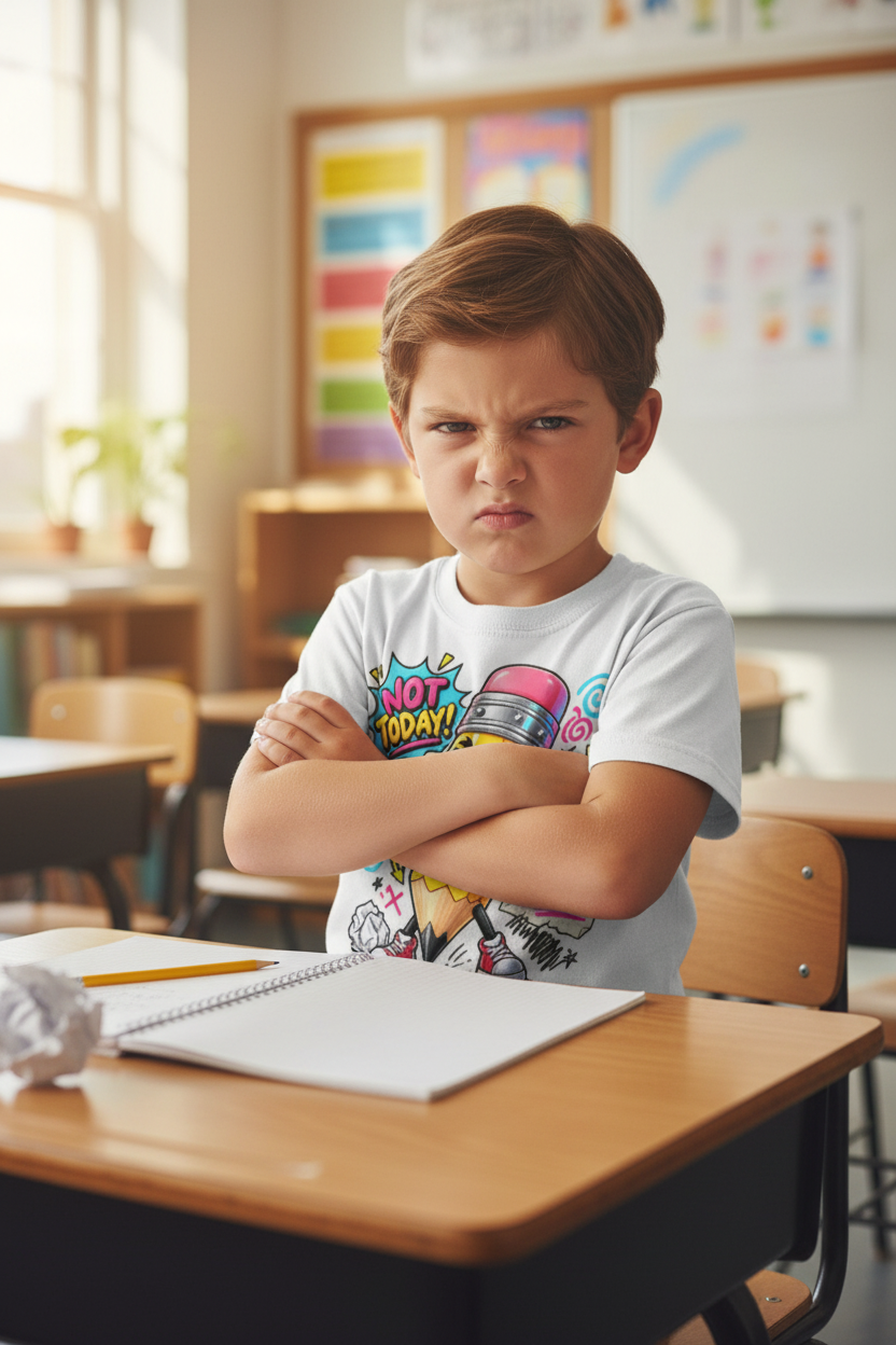 Stubborn kid wearing Not Today I Refuse to Write graphic tee arms crossed at desk