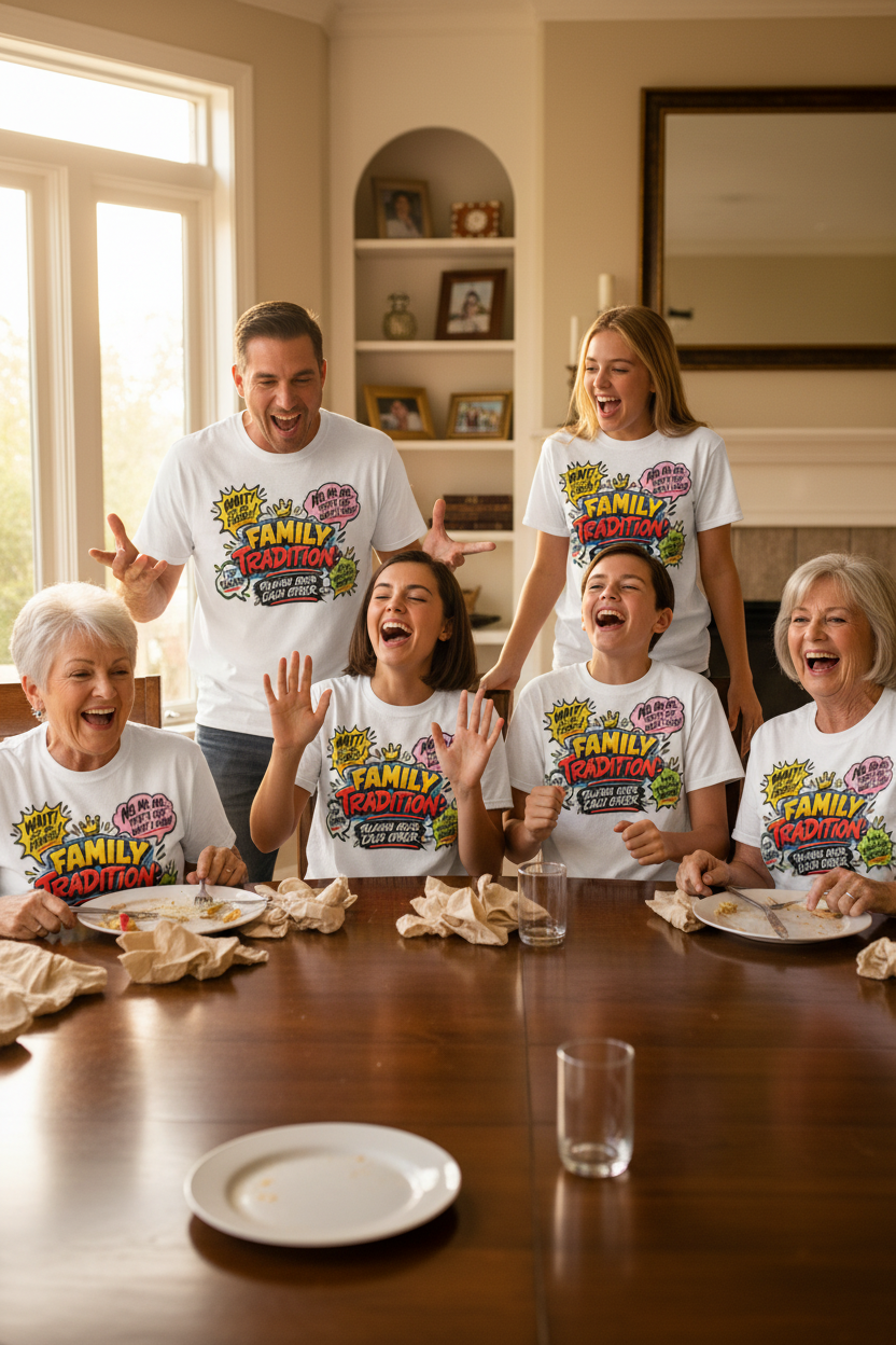 Family wearing Family Tradition Talking Over Each Other graphic tees all talking at once at dinner table
